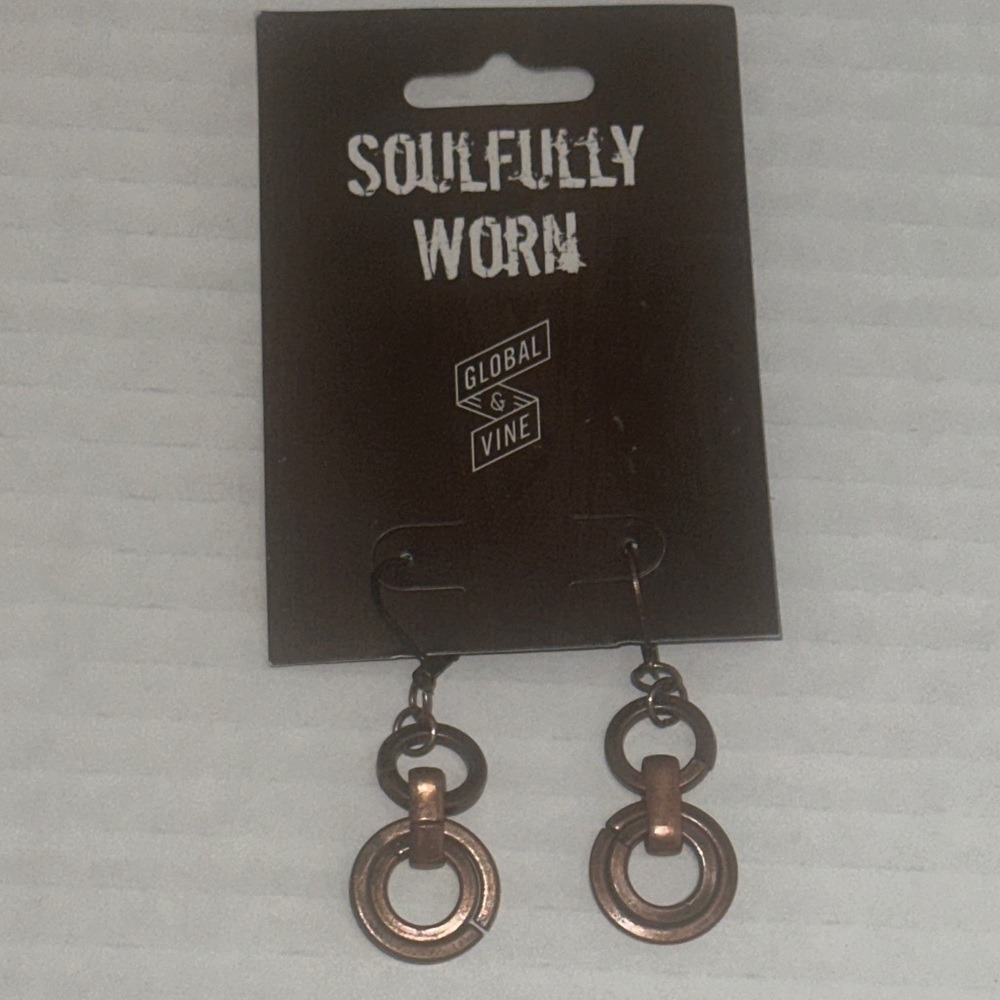 Soulfully Worn Global & Vine Copper Tone Interlocking Ring Drop Earrings 4029184